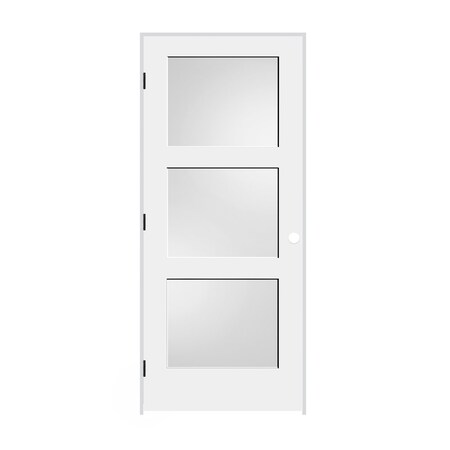 Codel Doors 32"x80"x1-3/8" Primed 3-Panel Equal Panel w/White Lami Glass Interior Shaker 6-9/16" RH Prehung Door 2868pri8433GLRH1D6916